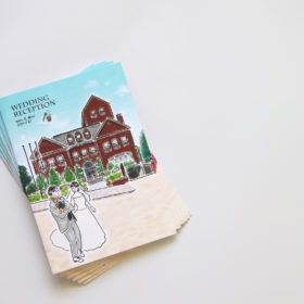 神戸北野ホテルの外観と新郎新婦のイラストが描かれた冊子の表紙